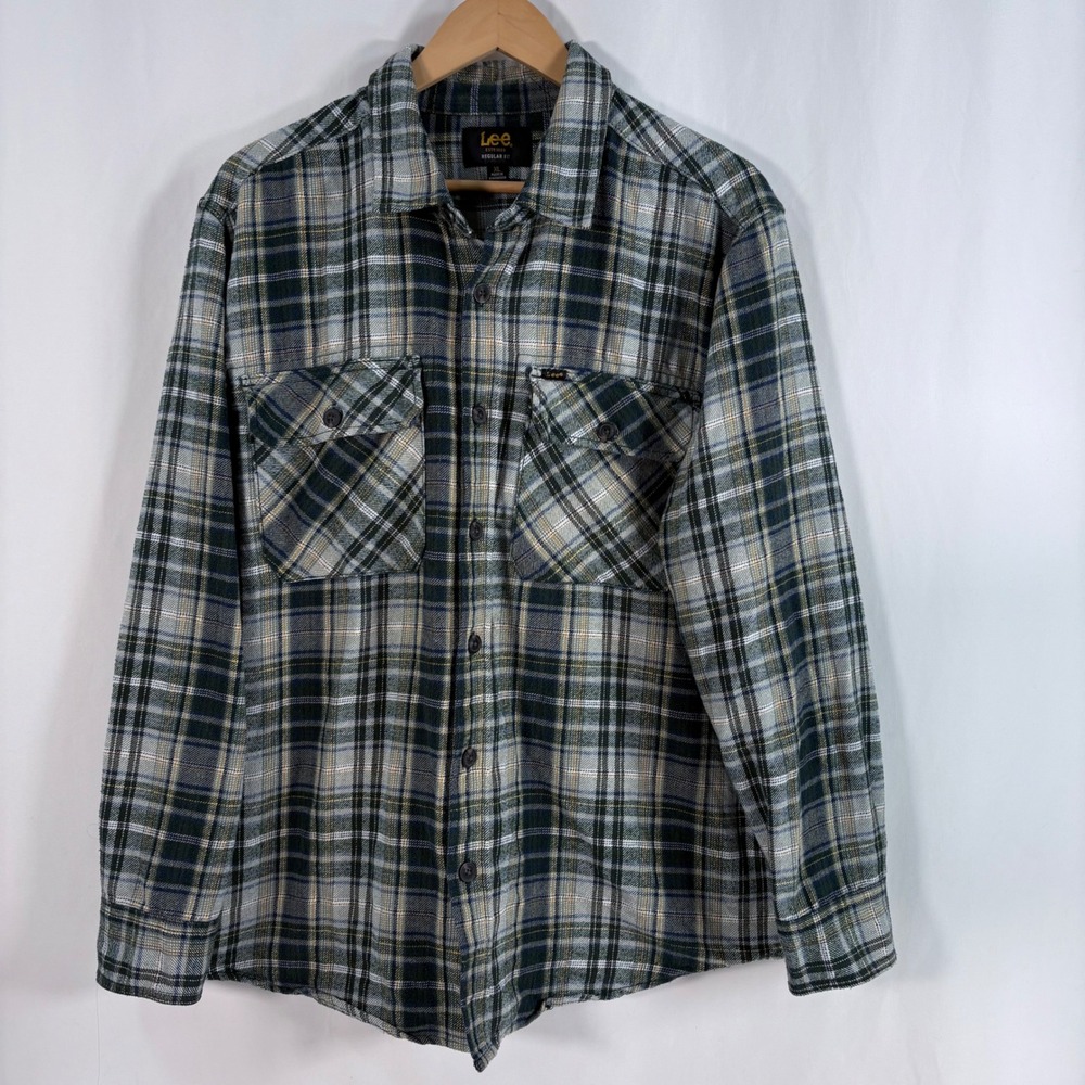 Lee Flannel Shirt Green Grey Plaid Regular Fit Button Down Long Sleeve